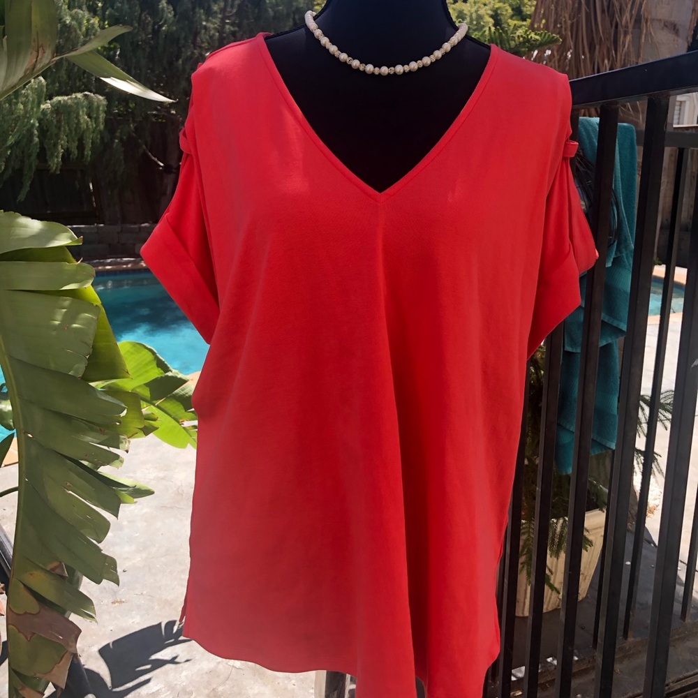 Michael Kors-Brand New w/Tags Still On. Woman V--Neck Short Sleeve Top Coral Red
